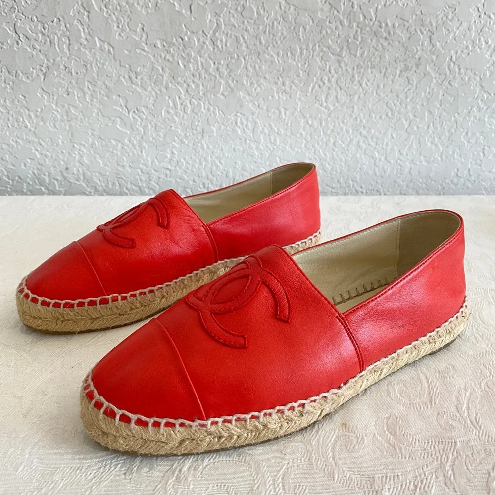 CHANEL coral red Lambskin CC Espadrilles